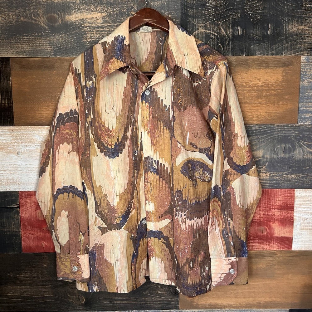 Montgomery Ward Mens Shirt Abstract Marble Brown 70s Vintage Rockabilly Medium